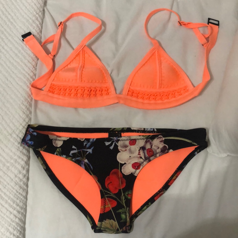 Triangle orange and floral bathing suit